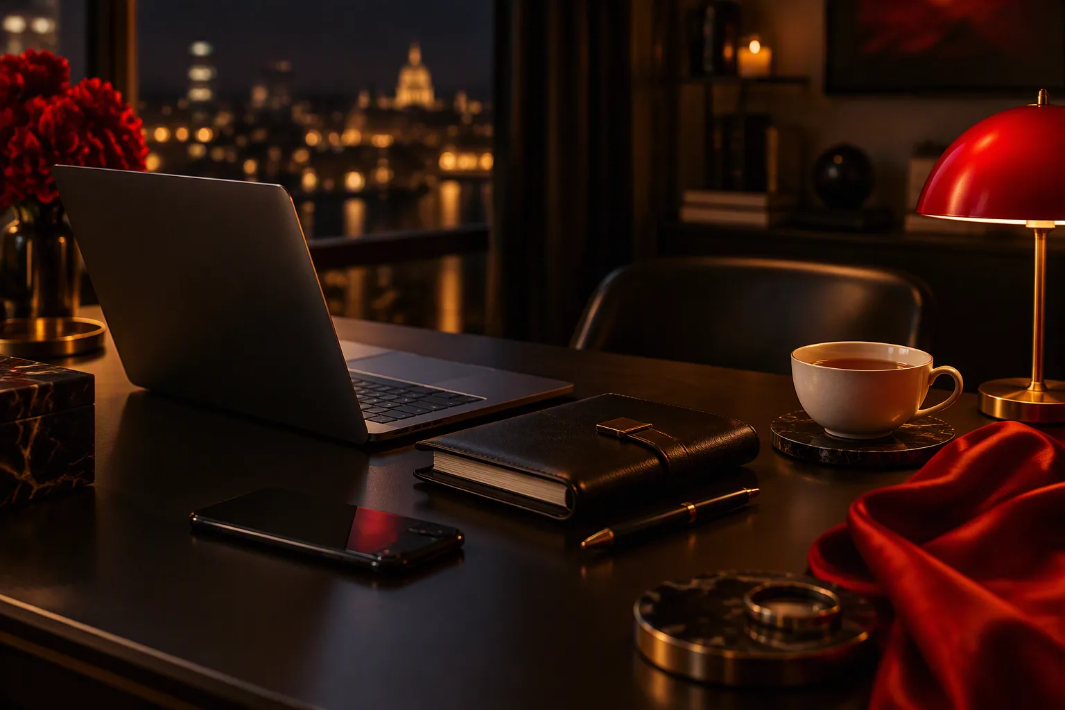 Escritorio elegante con laptop, agenda y teléfono bajo luz cálida, en tonos negro y rojo intenso